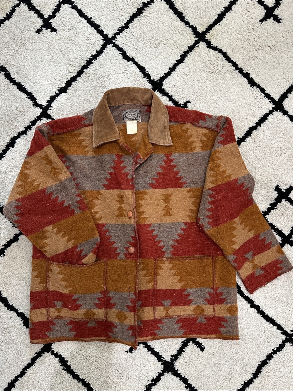 Jou Jou Vintage 1990’s Southwestern Wool & Suede Jacket in Rust, Mustard & Gray
